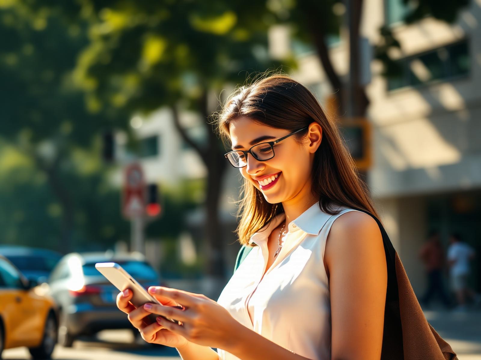 Mulher usando o celular com Internet Móvel 5G